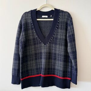 Sandro Navy and Gray V-Neck Sweater with Red Trim